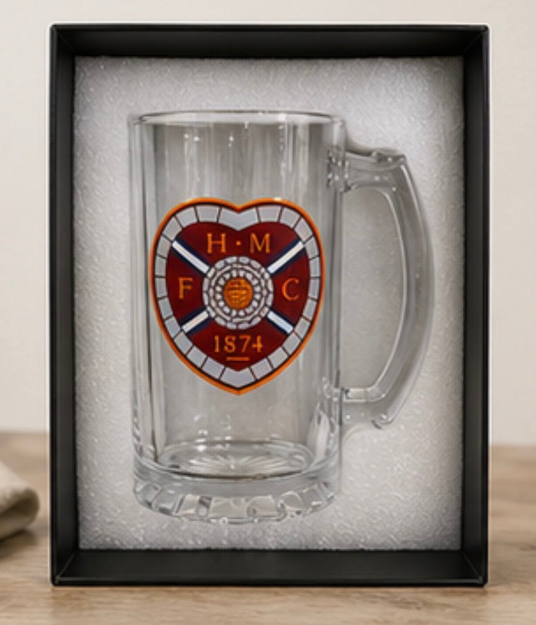 Football Crest Glass Tankard – Personalised Beer Mug | Hibs, Hearts, Celtic, Liverpool, Man United & Scotland Designs | Gift Boxed