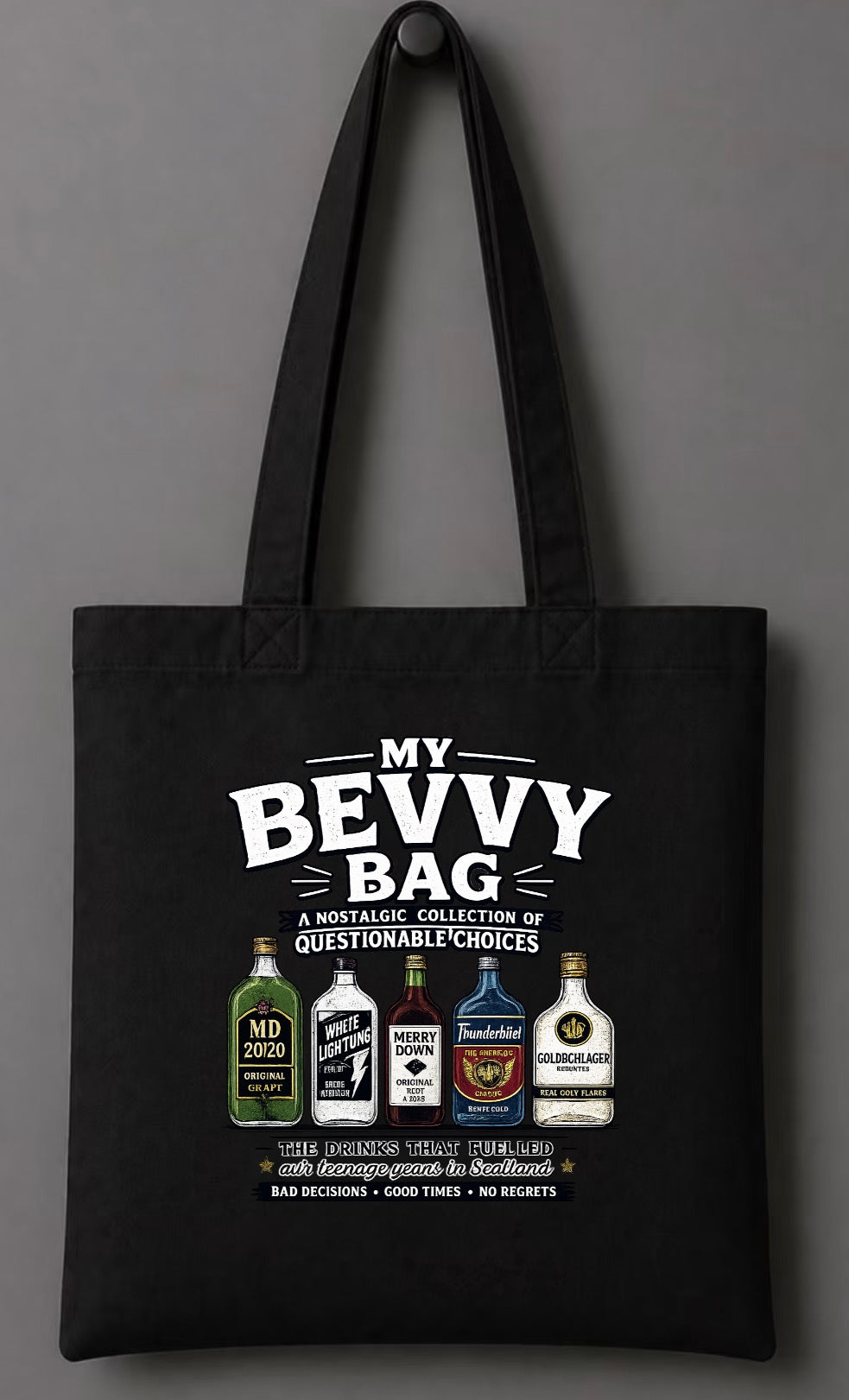 Scottish Bevvy Tote Bag – “Wreck The Hoose Juice” / “Cairy Oot Carrier” / “100% Pure Scottish Hydration” Funny Alcohol Carry Bag/ scottish world cup gift
