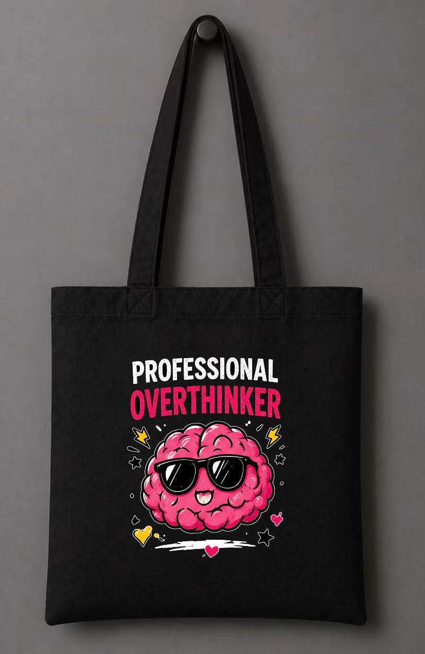 Professional Overthinker Funny Black Tote Bag | Cute Brain Graphic Shopper Bag