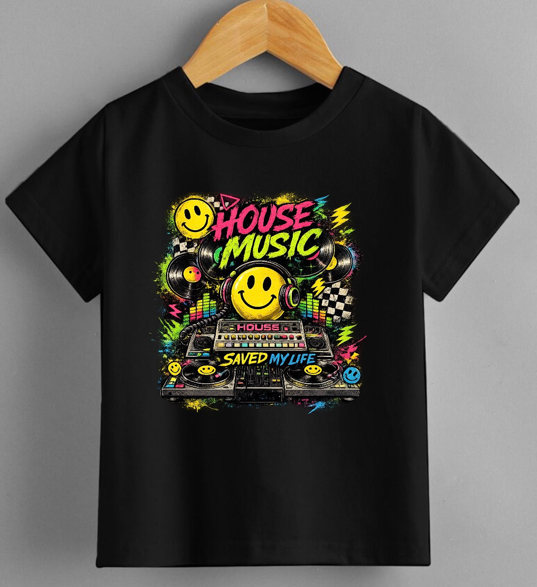 House Music Saved My Life T-Shirt – Retro Rave Smiley DJ Tee | 90s Clubwear | Front or Back Print Option
