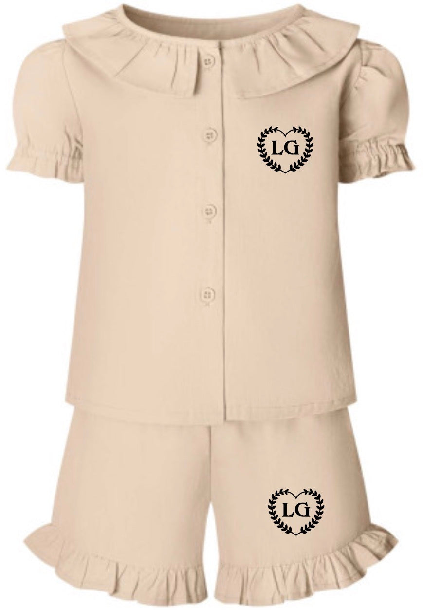 Girls Personalised Linen Frill Short Set – Lightweight Summer Outfit with Initials | Pink, Beige & Lilac