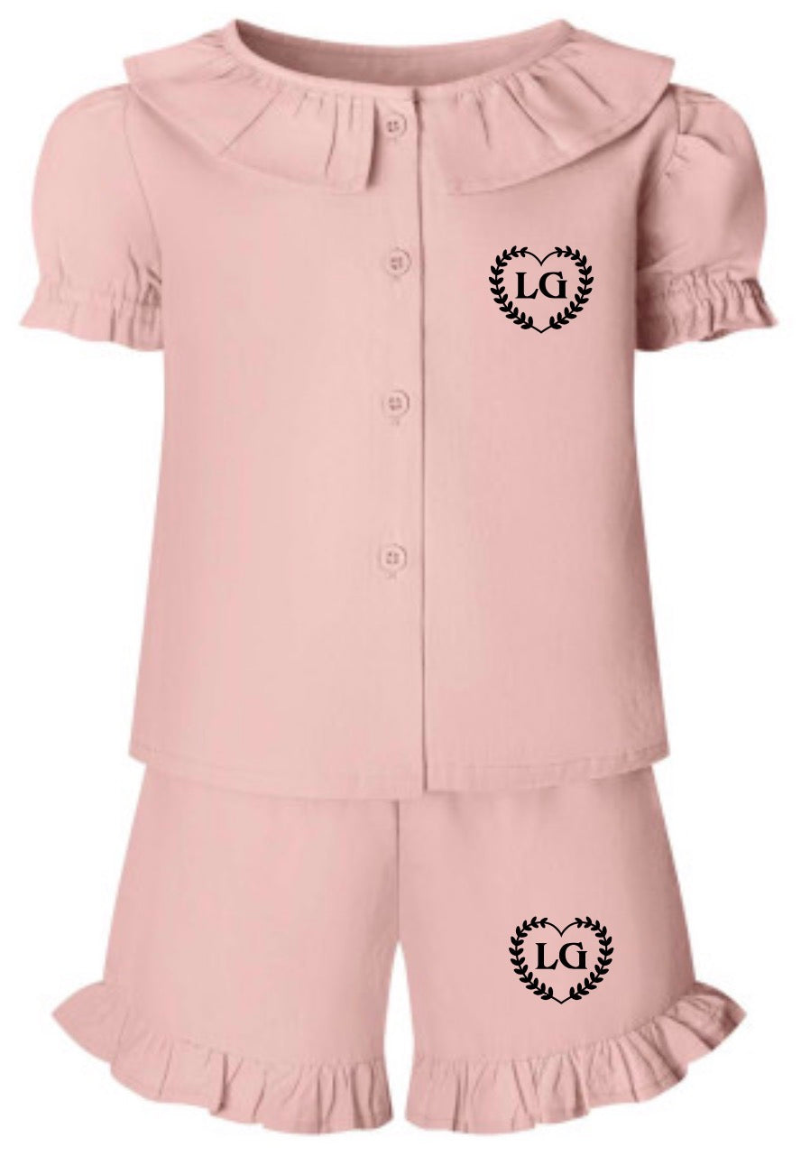 Girls Personalised Linen Frill Short Set – Lightweight Summer Outfit with Initials | Pink, Beige & Lilac