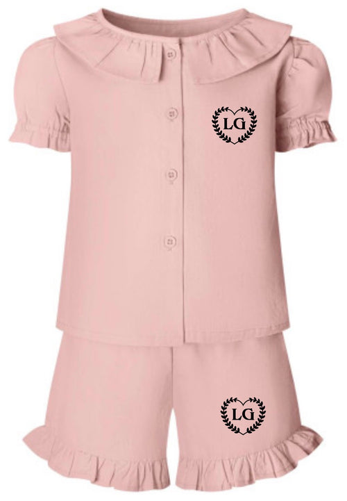 Girls Personalised Linen Frill Short Set – Lightweight Summer Outfit with Initials | Pink, Beige & Lilac