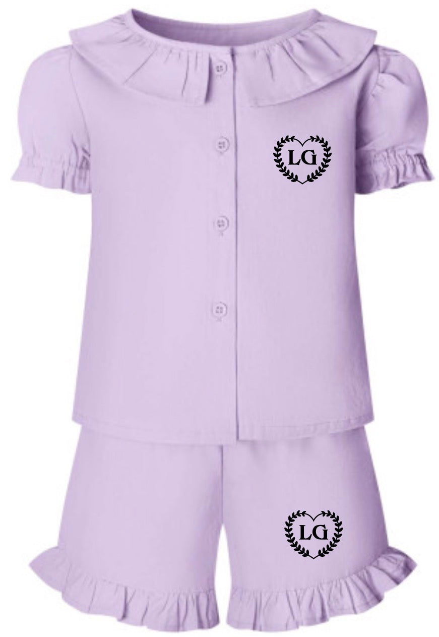 Girls Personalised Linen Frill Short Set – Lightweight Summer Outfit with Initials | Pink, Beige & Lilac