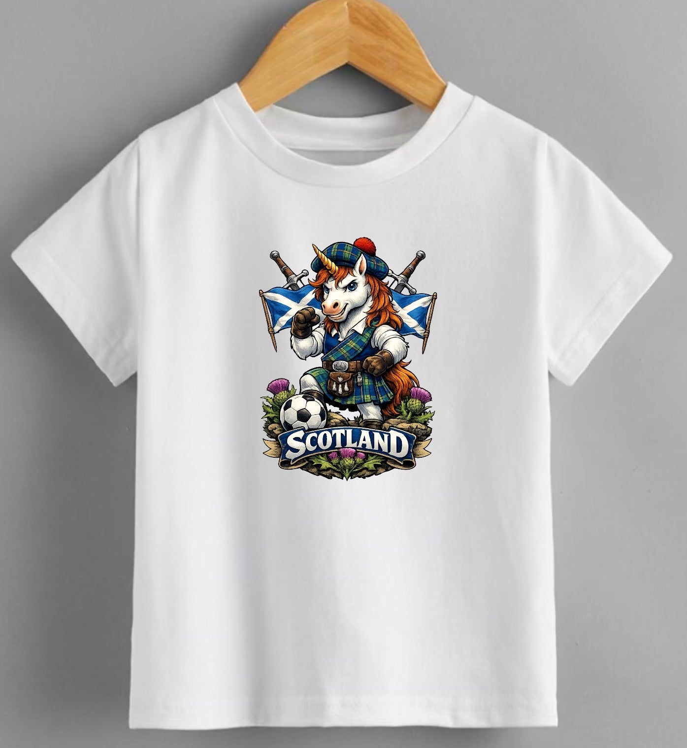 Angus McHoof Scotland Unicorn T-Shirt – Kids & Adults Funny Scottish Football Fan Tee,  kilt on tartan mascot
