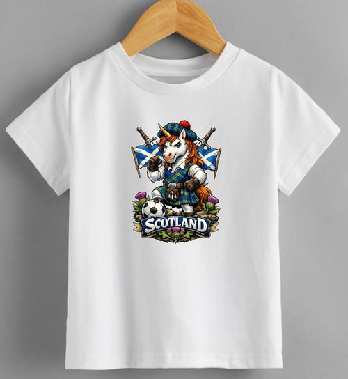 Angus McHoof Scotland Unicorn T-Shirt – Kids & Adults Funny Scottish Football Fan Tee,  kilt on tartan mascot