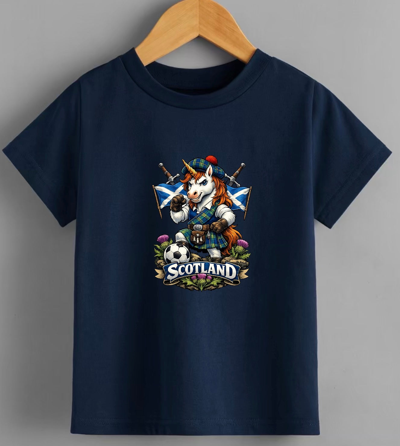 Angus McHoof Scotland Unicorn T-Shirt – Kids & Adults Funny Scottish Football Fan Tee,  kilt on tartan mascot