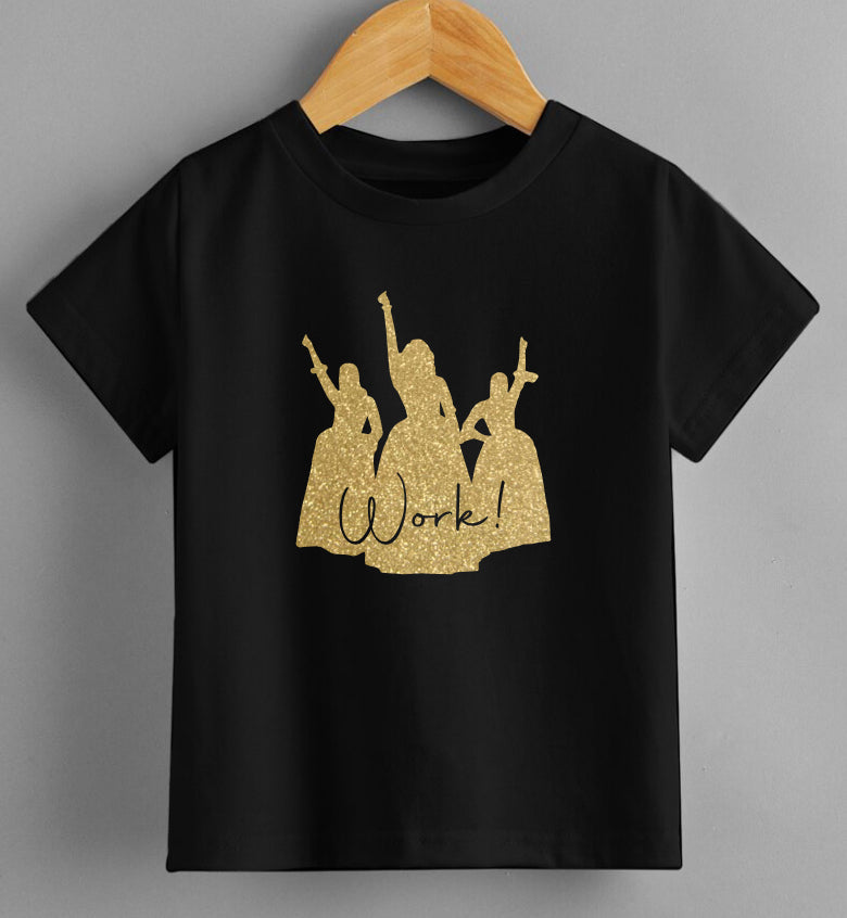 (Schuyler Sisters “Work!” T-Shirt – Hamilton Musical Inspired Gold Glitter Design ADULT